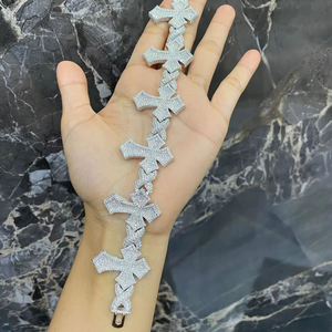 Luxury Iced Out Cross Link <b>Charm</b> <b>Bracelet</b> | Gold Plated Sterling <b>Silver</b> Hip Hop Moissanite Unisex <b>Bracelet</b> - Product Image 1