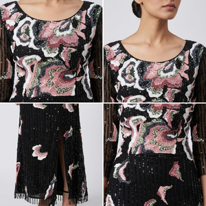 Womens Modern Black Sequin Embroidered <b>A</b>-<b>Line</b> Evening Gown | Half Sleeve Floor Length Party <b>Dress</b> | Floral <b>Pattern</b> Back Cutouts - Product Image 2