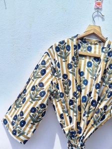 Peignoir Kimono en Coton à Motifs Floraux, Robe Rayée Jaune Légère, Robe de Chambre d'Été, Tenue de Détente Bohème pour Spa - Product Image 2