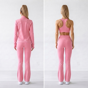 Ensemble de yoga 3 pièces pour femme : soutien-gorge dos nageur, leggings évasés taille haute et veste longue – Tenue de fitness respirante pour femme - Product Image 6