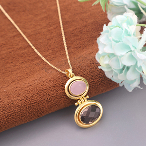 Pendentif unique en quartz rose et brun facetté, collier chaîne en laiton plaqué or 18 carats, bijou ovale serti clos en forme de briolette - Product Image 3