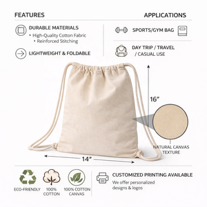 กระเป๋าเป้สะพายหลังผ้าฝ้ายแบบมีเชือกผูก เป็นมิตรกับสิ่งแวดล้อม ทำจากผ้าแคนวาสธรรมชาติ ใช้ซ้ำได้ ย่อยสลายได้ เหมาะสำหรับกีฬา การเดินทาง และการใช้งานในชีวิตประจำวัน - Product Image 3