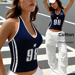 Y2K street Women Mesh Halterr-Crop <b>Top</b> Custom Number Print Sleeveless Streetwear Camisole Private Label OEM Bulk Women's shirts - Product Image 3