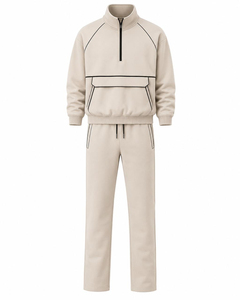 Unisex Beige Tracksuit Set Half-<b>Zip</b> Sweatshirt With Side Pockets And Drawstring Pants Casual Autumn Wear Full Length Regular Fit - Product Image 1