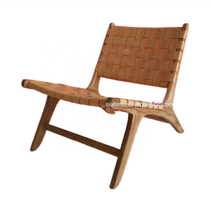 Fauteuil de salon moderne en teck massif, fauteuil en cuir véritable tressé brun pour meubles de maison, appartement, salon, villa - Product Image 6