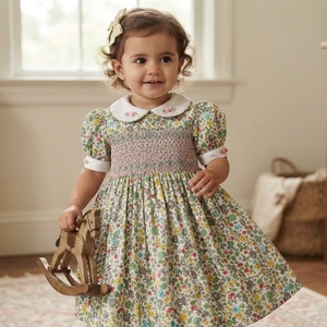 Vestido de Algodón Transpirable para Niñas, Bebés y Niños Pequeños, con Bordado Floral de Satén Colorido, Estilo Inglés Tradicional, Venta al Por Mayor - Product Image 1
