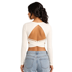 Nouvelle chemise tendance pour femme avec motif en strass, découpe sur le devant, manches longues, crop top blanc, dos croisé, chemisier en coton personnalisé DTG - Product Image 3