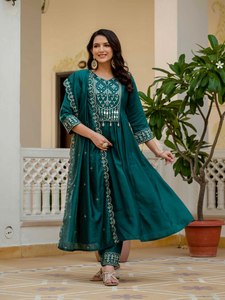 Conjunto de Kurta Anarkali de Seda Color Verde Azulado de Buena Calidad para Mujer, con Diseño Étnico para Festivales, Compromisos y Fiestas - Product Image 5