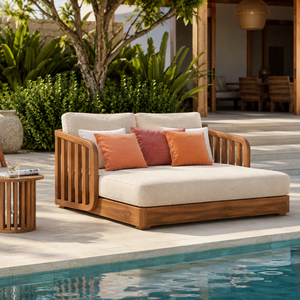 Chaise longue double moderne en teck pour l'extérieur avec coussins, structure en bois, mobilier de jardin et de bord de piscine - Product Image 2