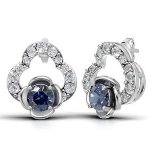 Boucles d'oreilles en or 18 carats pour femmes avec saphir bleu central, taille brillant rond, style halo classique, bijoux de mariage - Product Image 1