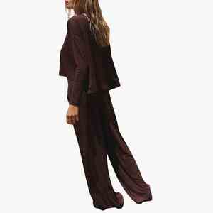 Ensemble décontracté pour femme de qualité supérieure, haut à manches longues en tricot uni et pantalon large, coupe ample, col rond, jersey, ensemble d'été pour femme - Product Image 2