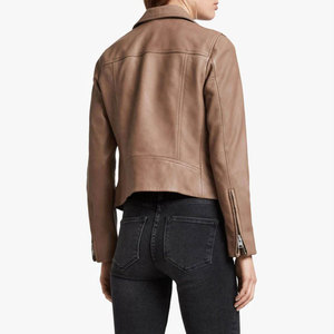 Women's Genuine Leather <b>Biker</b> <b>Jacket</b> Brown Zipper Closure Turn-down Collar Moto Style Outerwear - Product Image 4