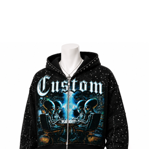 Sweat à capuche surdimensionné personnalisé avec strass, 100 % coton, tissu respirant, nouveau style vintage, broderie sérigraphiée sur le devant - Product Image 1