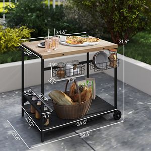 Carrello Portabevande in Legno da Esterno con Ruote e Maniglia, Include Vano Portabottiglie e Portabicchieri - Product Image 3