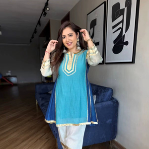 Bebo Style Choga Kurta With Salwar Designer Wear Chinon <b>Gota</b> Patti Pattern Work Designer Top With Chinon <b>Gota</b> Patti Work Bottom - Product Image 1