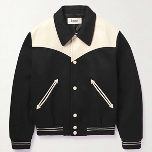 Veste universitaire personnalisée pour homme en mélange de laine noire avec col rabattu et empiècements crème, boutonnée sur le devant, style décontracté pour l'automne - Product Image 1
