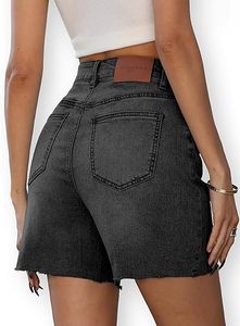 Shorts en jean noir taille haute avec ourlet effiloché et cinq poches, style décontracté pour femme - Product Image 2