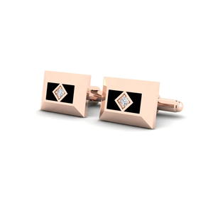 Boutons de manchette en or rose et diamants pour homme, bijoux formels, sertissage griffe, incrustation noire, design rectangulaire - Product Image 2