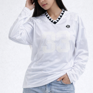 Jersey de Fútbol Americano Personalizado para Mujer, Manga Larga, Malla, Corte Holgado, con Parches, Transpirable, Poliéster, Ropa Deportiva, Suministro OEM - Product Image 4