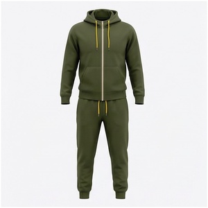 Conjunto Deportivo con Capucha para Hombre, Color Verde Oliva, Manga Larga, Cierre Frontal con Cremallera, Color Sólido, Transpirable, Corte Regular, Ropa Casual de Otoño - Product Image 1