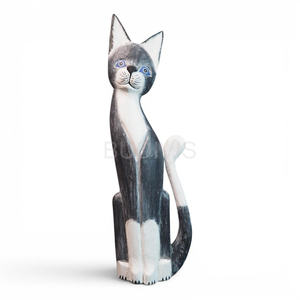 Figura de Gato de Madera Pintada a Mano en Blanco y Negro con Detalle de Ojos Azules, Diseño Rústico, Adorno de Decoración para el Hogar, para Sala de Estar - Product Image 1