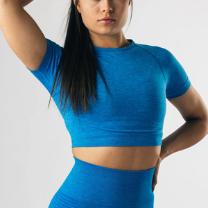 Camiseta Deportiva Corta sin Costuras para Mujer, Color Marrón, para Gimnasio, Fitness, Yoga, Entrenamiento, Ropa Deportiva Activa de Secado Rápido - Product Image 3