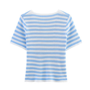 Camiseta de Punto Informal de Moda con Cuello Redondo y Botones, Estampado a Rayas de Color Blanco y Azul para Mujer - Product Image 2