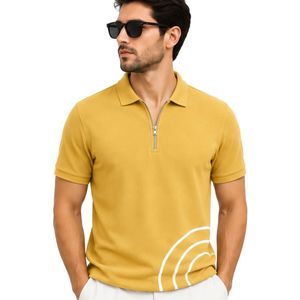 Polo zippé personnalisé pour homme en maille gaufrée jaune moutarde, respirant, à manches courtes, décontracté, pour le golf, le tennis, performance estivale - Product Image 1