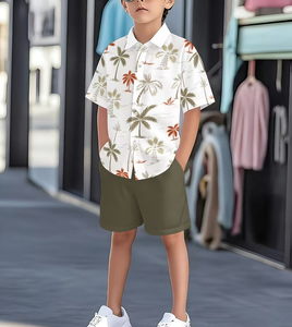 Boys Hawaiian Shirt Set Short Sleeve Button up Printed Top and Elastic Waist Shorts Summer Casual Outfit Polyester/Cotton - Product Image 2