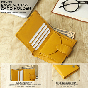 กระเป๋าสตางค์แบบพับสั้นหนังแท้สำหรับผู้ชาย WRIZA พร้อมระบบป้องกัน RFID |   สีเหลืองมัสตาร์ด พร้อมช่องใส่บัตร ช่องใส่เหรียญ และดีไซน์กะทัดรัด - Product Image 5