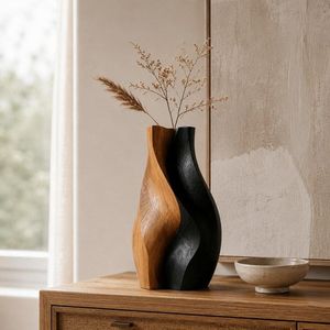 Vase de table en bois fait main, design Art Déco, finition bois noir et naturel, décoration moderne pour la maison, idéal pour les mariages et les fêtes de pendaison de crémaillère - Product Image 4