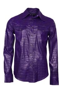 Chemise Western Homme Effet Cuir Violet Manches Courtes Couleur Unie Décontractée Col Rabattu Boutonnée Respirante 220g Style Hiver - Product Image 4