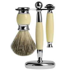 Ensemble de rasoir de sécurité 3-Pro avec manche en bois, brosse à raser et support, poils de blaireau - Product Image 3
