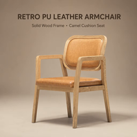 Fauteuil Rétro Vintage en Cuir PU avec Coussin Camel, Cadre en Bois Massif et Dossier à Motif Damassé – Chaise d'Appoint pour Salon ou Café