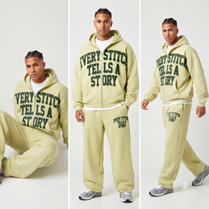 Conjunto de chándal de hombre con bordado desgastado: Sudadera con capucha de cremallera completa y pantalones de chándal jogger, conjunto holgado de forro polar pesado - Product Image 4