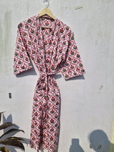 Geometric Floral Print Cotton <b>Kimono</b> Robe Women <b>Beach</b> Cover Up Lightweight Lounge Wear Bathrobe Casual Wrap Dress - Product Image 4