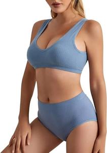 Ensemble de lingerie féminine moderne sans coussinets, deux pièces, sexy, soutien-gorge de sport et culotte en coton pour femmes, 100% coton - Product Image 6