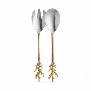 Stainless Steel Gold <b>Salad</b> Server Set Coral Branch Handle 2 Piece Serving Spoon and Fork Wholesale Dining Restaurant Tableware - Product Image 1