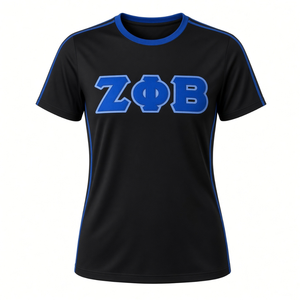 Camiseta Negra Zeta Phi Beta para Mujer, con Apliques de Letras Griegas en Azul Rey, Cuello Redondo con Ribete Azul, Manga Corta, Estilo Jersey - Product Image 1