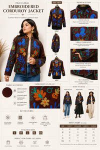 Veste en velours côtelé brodée à la main, col mandarin, manches longues, fermeture éclair, motif floral, style automne, veste pour femme - Product Image 5