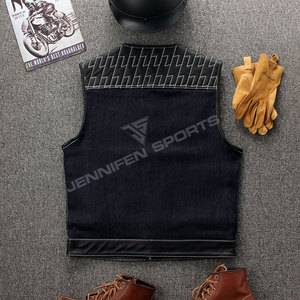 Gilet en cuir véritable/denim pour homme, coupe diamant, veste sans manches de qualité supérieure pour la moto, avec plusieurs poches - Product Image 6