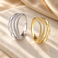 Geometric 925 Sterling Silver Zircon Band Ring with Two Clear Round Stone Rows and a Faceted Metal Side