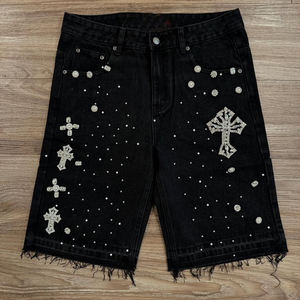 Shorts en jean baggy pour homme, style streetwear, vintage, délavé à l'acide, avec strass, ourlet brut et poches, design personnalisé - Product Image 3