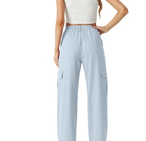 Pantalones Cargo de Cintura Alta para Mujer, Color Azul Claro Sólido, Corte Holgado, Cintura Elástica, Largos, Casuales, Transpirables, de Tela Tejida para Verano - Product Image 2