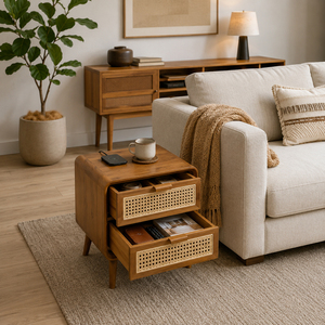 Teak Wood Premium Scandinavian Wholesale Teak Wood Weave Bedside 2 <b>Drawer</b> Natural Finish Bedside Cabinet with Rattan <b>Drawers</b> - Product Image 6