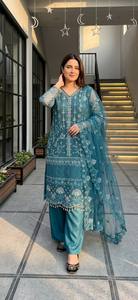 Ensemble Kurta en coton brodé TEAL avec pantalon Palazzo, coupe ample traditionnelle, longueur cheville, tenue ethnique style Inde Pakistan - Product Image 2