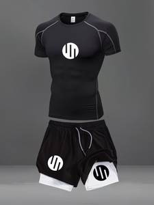 <b>Men's</b> Black <b>Compression</b> Rash Guard Short Sleeve Gym Workout Set Quick Dry Sports Kit with Purple Logo Print - Product Image 5