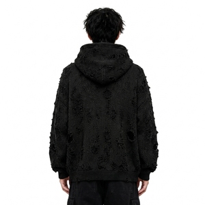 Sudadera con capucha extragrande de punto desgastado 100% algodón para hombre, con cremallera en la manga y bolsillo lateral, estilo casual urbano - Product Image 2