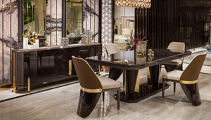 Ensemble de table à manger en teck massif de luxe moderne, contemporain, 6 chaises, piétement brillant doré, mobilier de salle à manger, villa, hôtel - Product Image 4