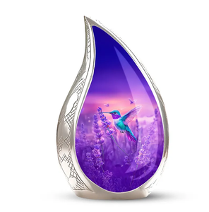 Urne funéraire en métal pour cendres, motif colibri violet, récipient commémoratif pour adulte, décoration funéraire - Product Image 1